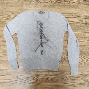 27 Miles Malibu Size XS 100% Cashmere Sweater Lace Up Leather Ties Gray